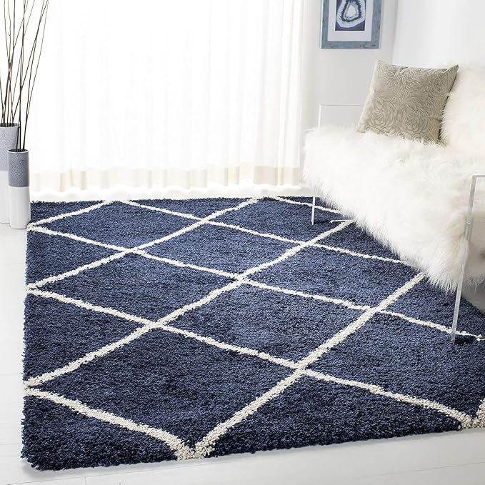 Blue & Ivory Handcrafted Microfiber Super Soft Diamond Trellis High Density Shaggy Carpet