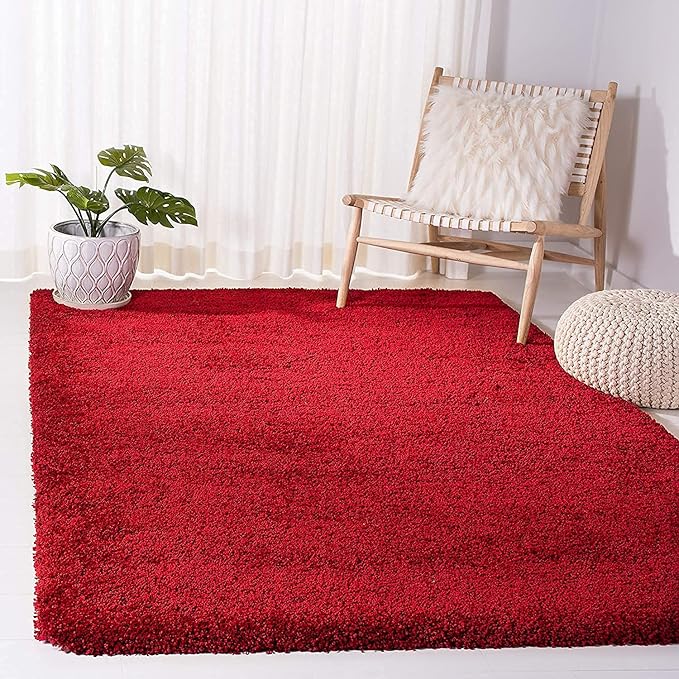 Red Handwoven Microfiber Plush Solid High Density Shaggy Carpet