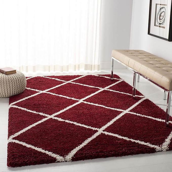 Red & Ivory Handcrafted Microfiber Super Soft Diamond Trellis High Density Shaggy Carpet