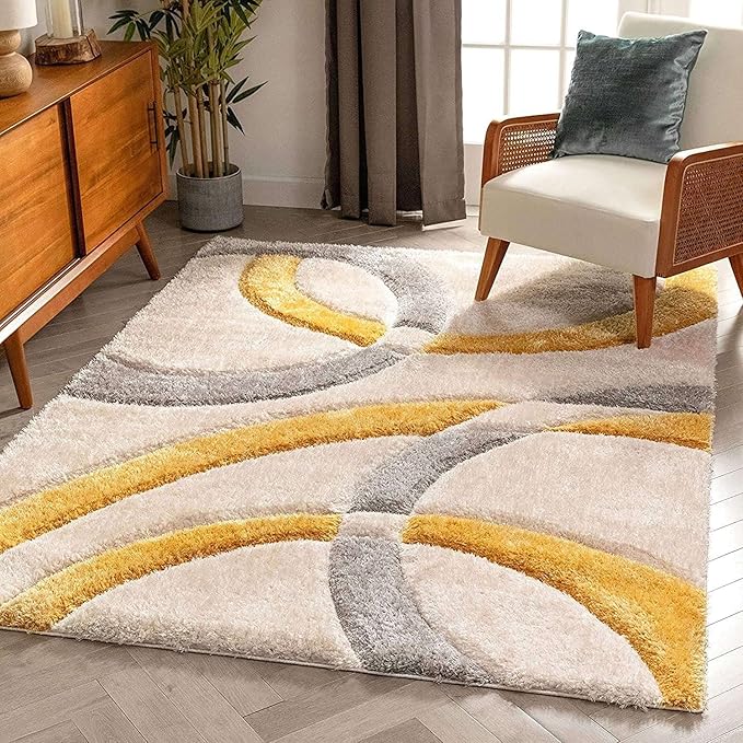 Ivory and Gold Handmade Microfiber Super Soft Geometric Anti Skid Shaggy Carpet