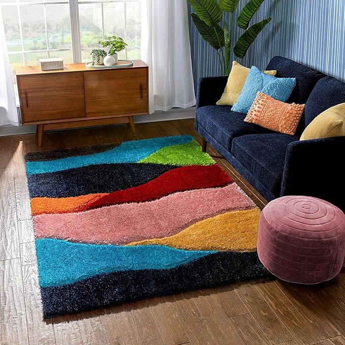 Multicolour Geometric Microfiber Plush Shaggy Carpet