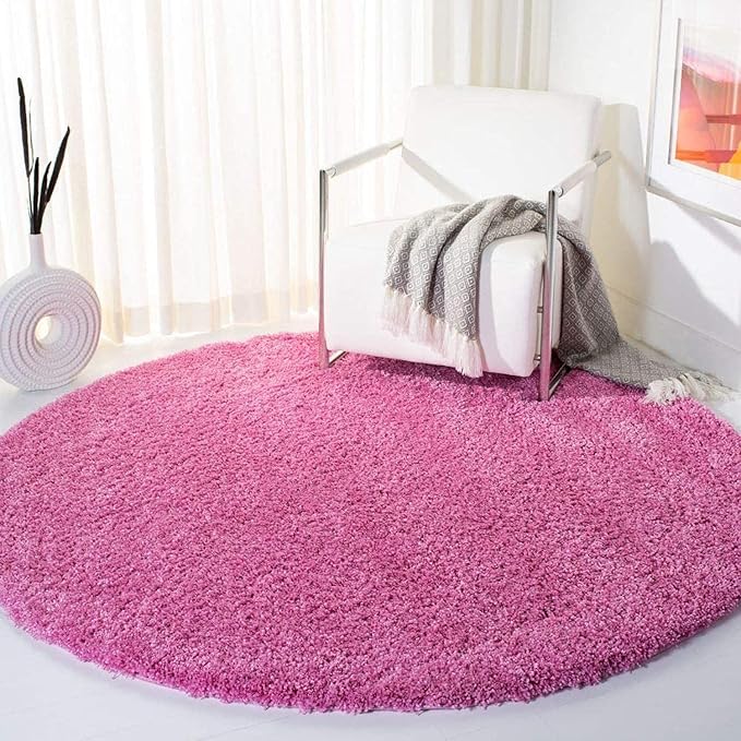 Baby Pink Handcrafted Round Solid Microfiber Plush Anti Skid Shaggy Carpet