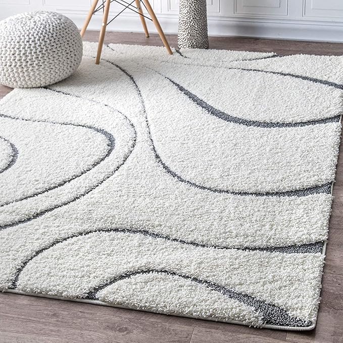 Ivory Super Soft Microfiber Hi-Lo Pile Swirl Shaggy Carpet