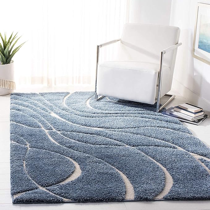 Blue Super Soft Microfiber Hi-Lo Pile Swirl Shaggy Carpet