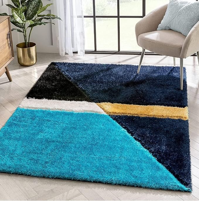 Aqua Blue Compass Geometric Microfiber Super Soft Anti Skid Shaggy Carpet