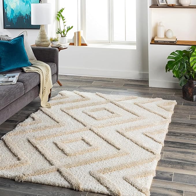 Ivory & Beige Rhombus Microfiber Plush Shaggy Carpet