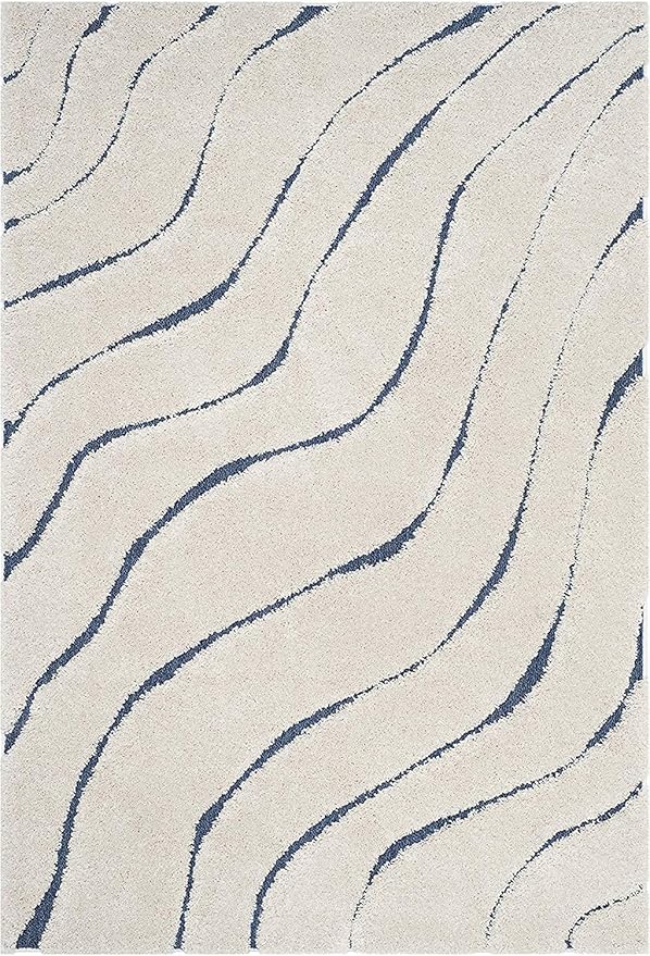 Ivory & Blue Microfiber Handcrafted Hi-Lo Wave Super Soft Shaggy Carpet