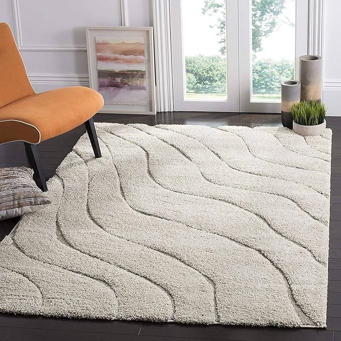 Ivory & Beige Microfiber Handcrafted Hi-Lo Wave Super Soft Shaggy Carpet