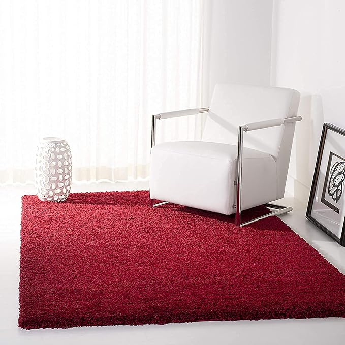 Red Handwoven Microfiber Plush Solid High Density Shaggy Carpet