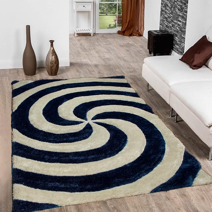 Navy & Ivory Microfiber Handcrafted Super Soft Tornado Shaggy Carpet