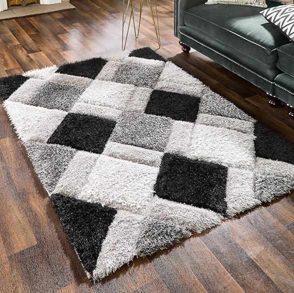 Grey & Black Handcrafted Microfiber Geometric Ultra Soft Shaggy Carpet