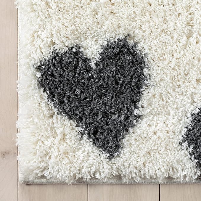 Ivory & Black Little Hearts Microfiber Super Soft Shaggy Carpet