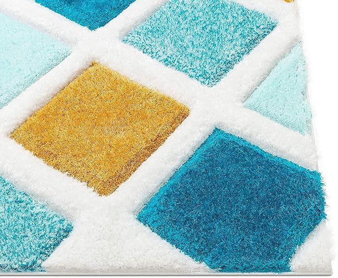 Turquoise Blue & Yellow Handcrafted Microfriber Fluffy Geometric Shaggy Carpet