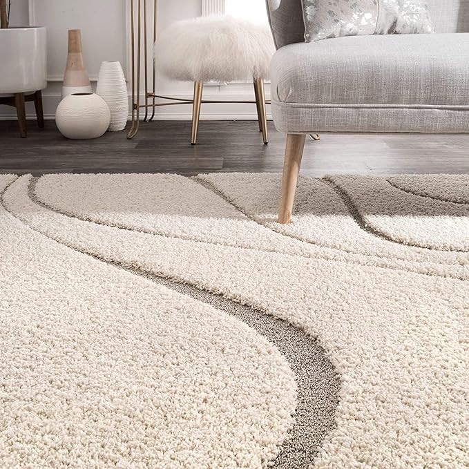 Cream Super Soft Microfiber Hi-Lo Pile Swirl Shaggy Carpet