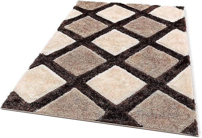 Beige Brown Handcrafted Microfriber Fluffy Geometric Shaggy Carpet