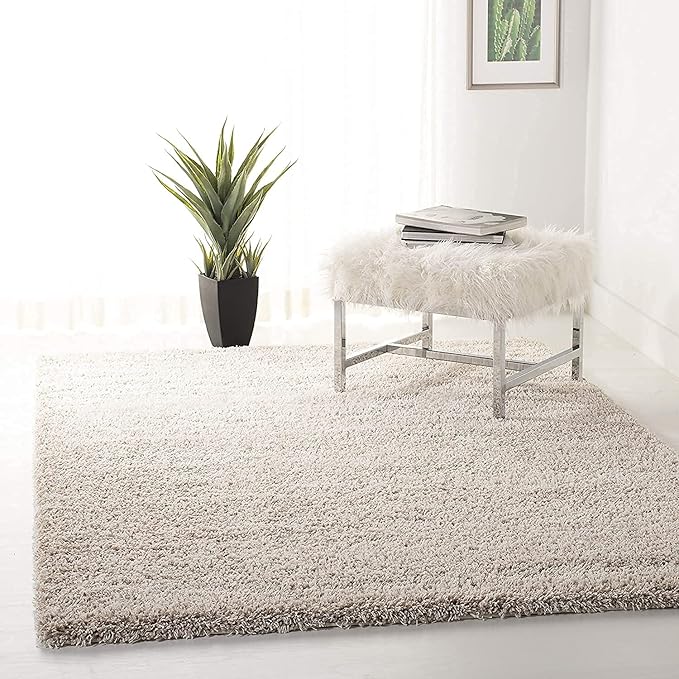 Light Beige Handwoven Microfiber Plush Solid High Density Shaggy Carpet