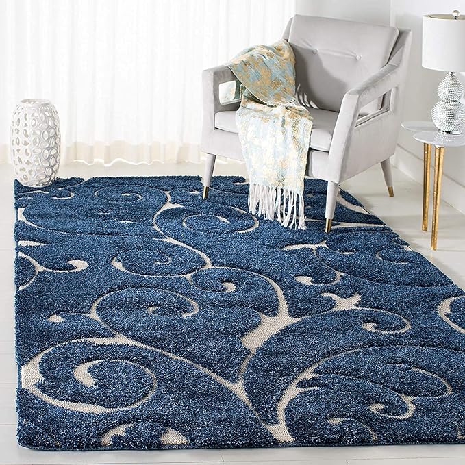 Blue Floral Microfiber Handcrafted Hi-Lo Super Soft Shaggy Carpet