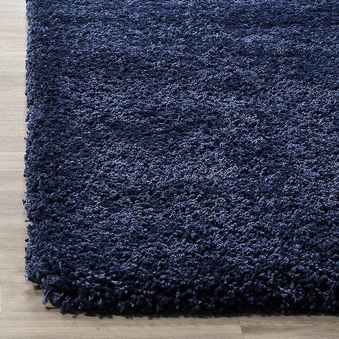 Navy Blue Handcrafted Round Solid Microfiber Plush Anti Skid Shaggy Carpet