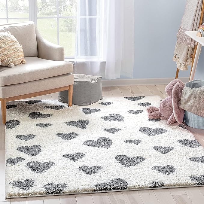 Ivory & Black Little Hearts Microfiber Super Soft Shaggy Carpet