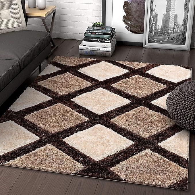 Beige Brown Handcrafted Microfriber Fluffy Geometric Shaggy Carpet