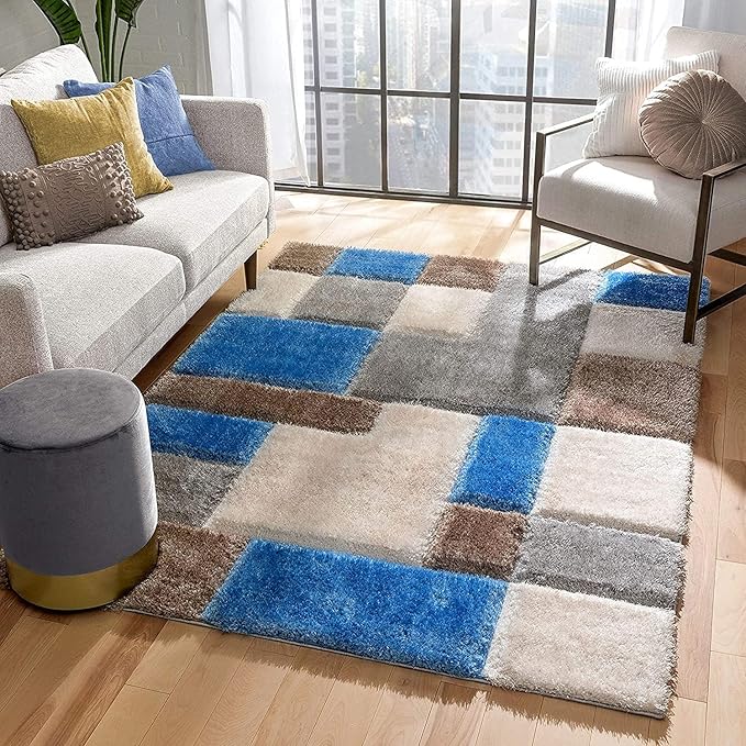 Sky Blue & Beige Super Soft Microfiber Geometric Roblox Shaggy Carpet