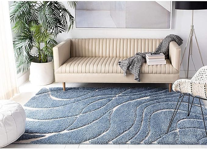 Blue Super Soft Microfiber Hi-Lo Pile Swirl Shaggy Carpet