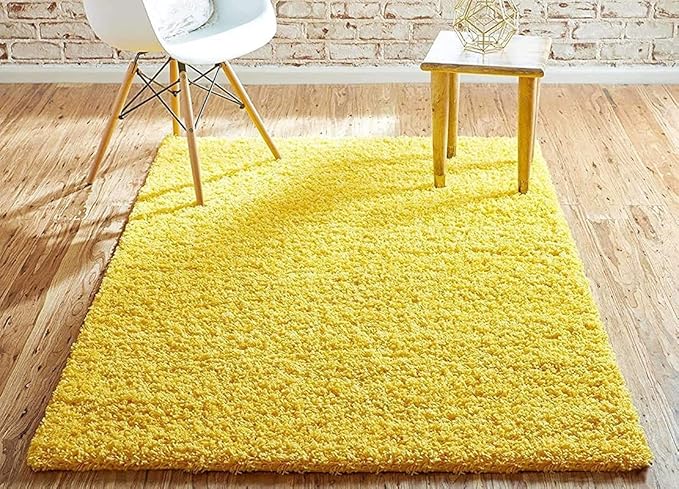 Yellow Handwoven Microfiber Plush Solid High Density Shaggy Carpet