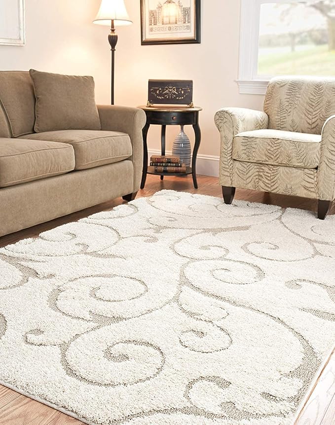 Beige Floral Microfiber Handcrafted Hi-Lo Super Soft Shaggy Carpet