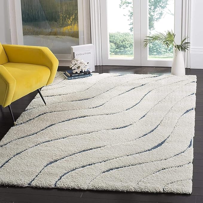 Ivory & Blue Microfiber Handcrafted Hi-Lo Wave Super Soft Shaggy Carpet