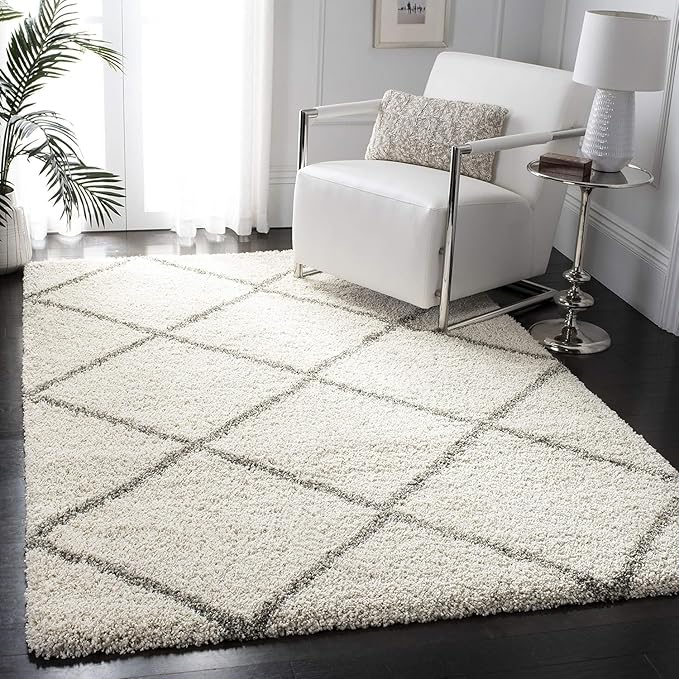 Ivory & Grey Handcrafted Microfiber Super Soft Diamond Trellis High Density Shaggy Carpet