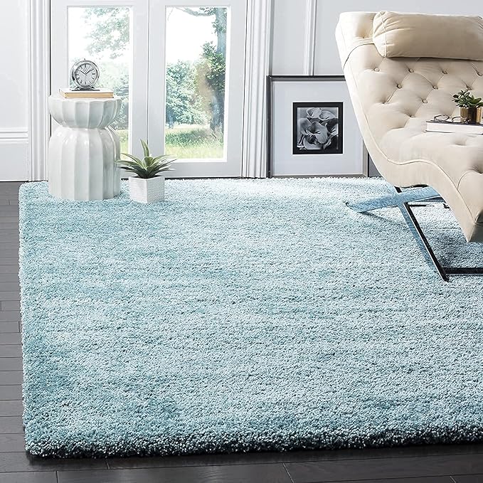 Sky Blue Handwoven Microfiber Plush Solid High Density Shaggy Carpet