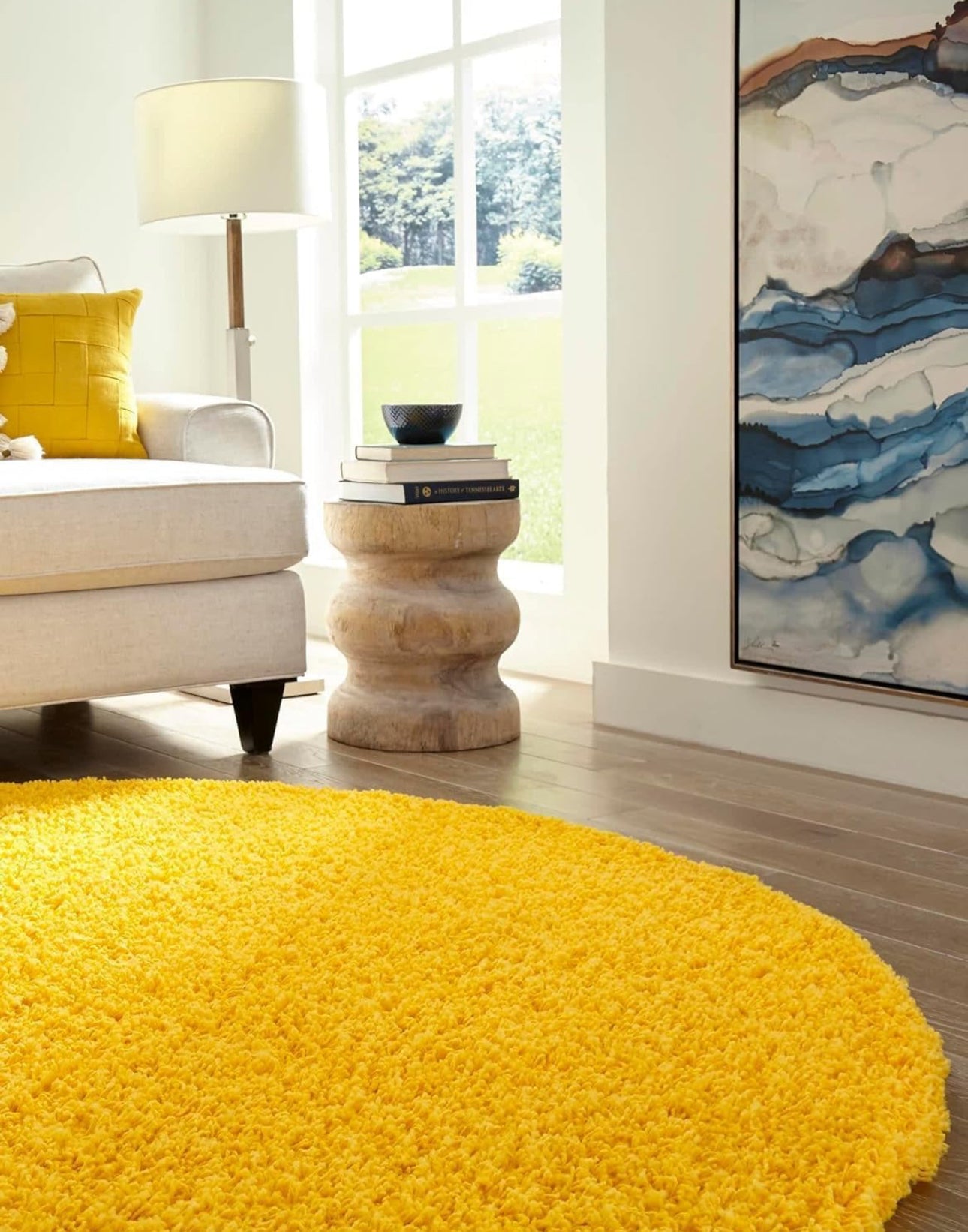 Yellow Handcrafted Round Solid Microfiber Plush Anti Skid Shaggy Carpet