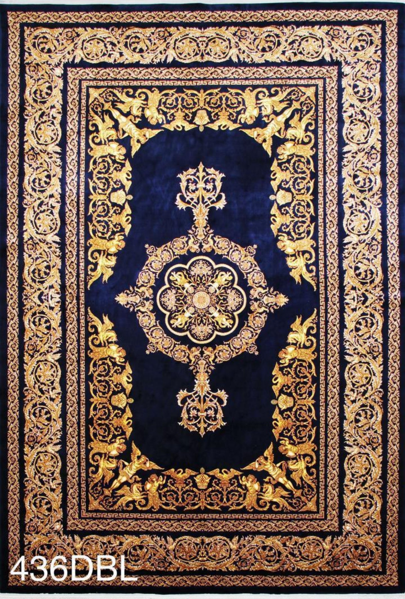 Arohi Navy Blue & Gold Iranian Imported Silk Blend Rug 1500 Reeds