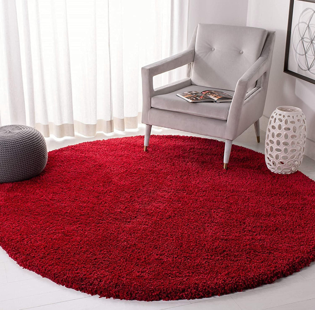 Red Handcrafted Round Solid Microfiber Plush Anti Skid Shaggy Carpet