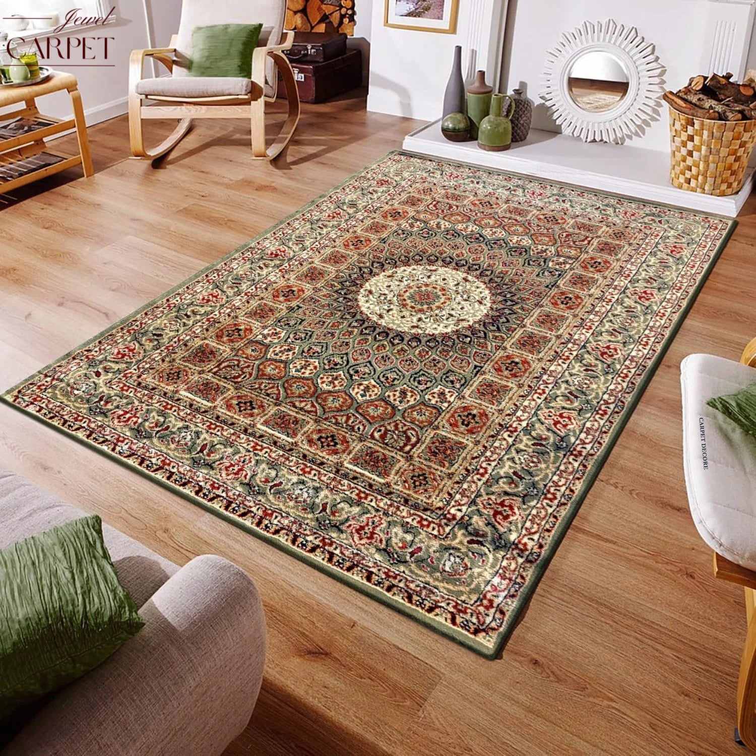 Green Persian Wool Traditional Anti Skid Heavy Carpet
