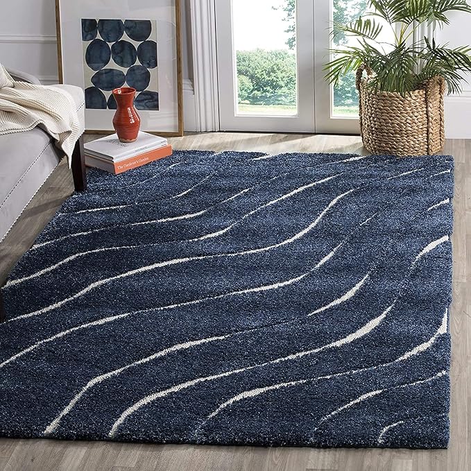 Blue Microfiber Handcrafted Hi-Lo Wave Super Soft Shaggy Carpet