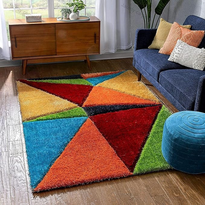 Multicolour Geometric Microfiber Super Soft Shaggy Carpet