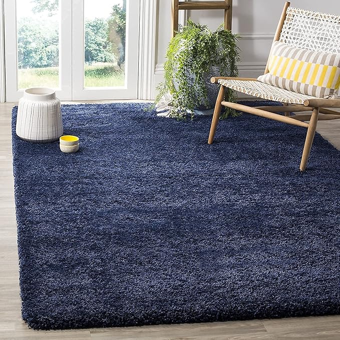 Blue Handwoven Microfiber Plush Solid High Density Shaggy Carpet