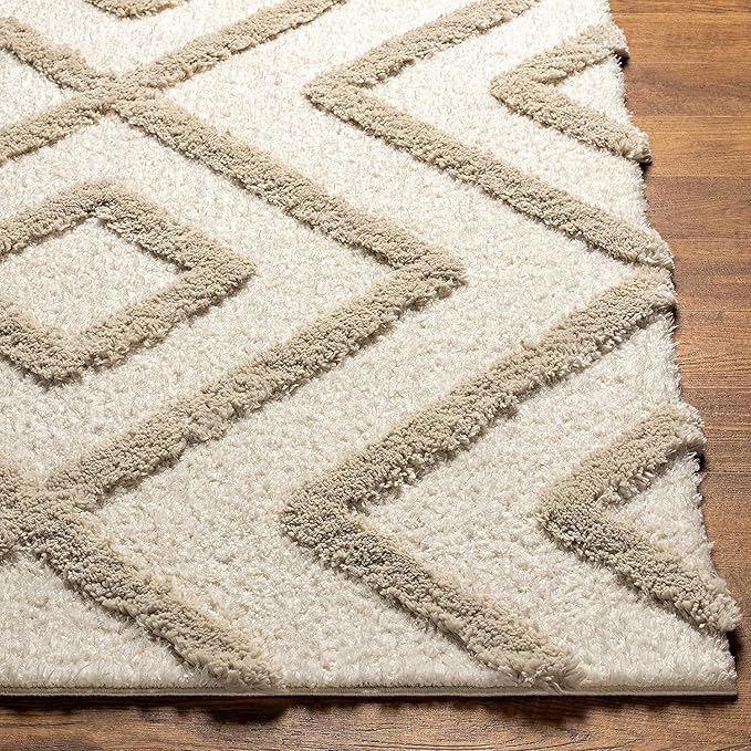 Ivory & Beige Rhombus Microfiber Plush Shaggy Carpet