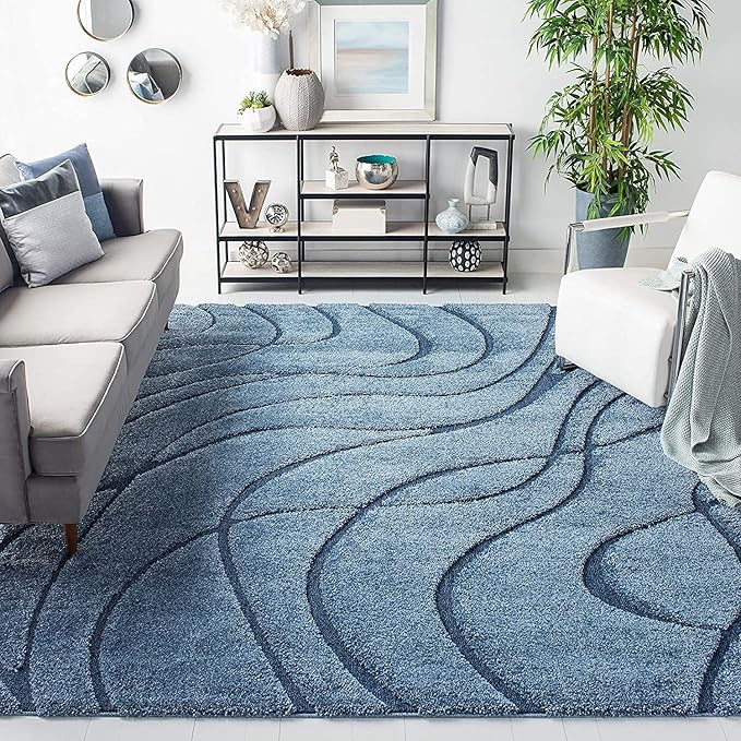 Blue Super Soft Microfiber Hi-Lo Pile Swirl Shaggy Carpet