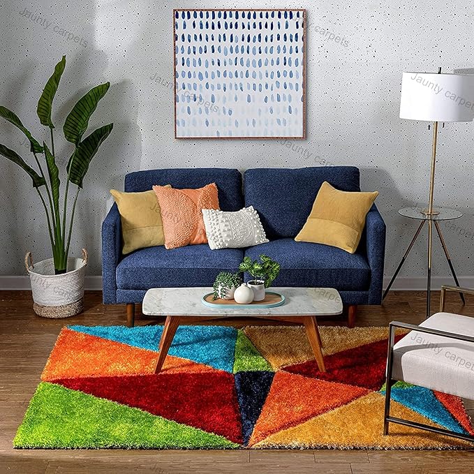 Multicolour Geometric Microfiber Super Soft Shaggy Carpet