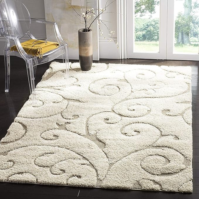 Beige Floral Microfiber Handcrafted Hi-Lo Super Soft Shaggy Carpet