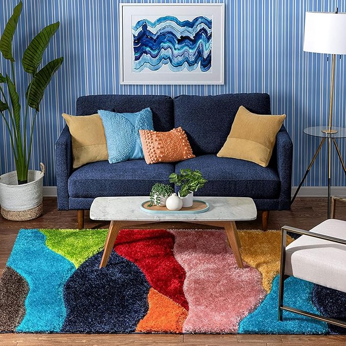 Multicolour Geometric Microfiber Plush Shaggy Carpet