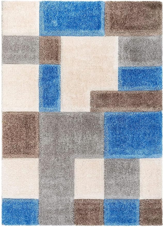 Sky Blue & Beige Super Soft Microfiber Geometric Roblox Shaggy Carpet