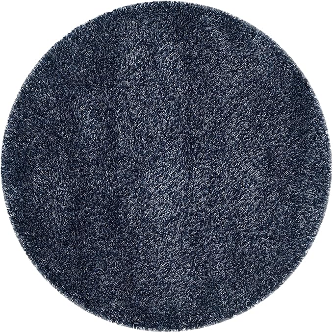 Navy Blue Handcrafted Round Solid Microfiber Plush Anti Skid Shaggy Carpet