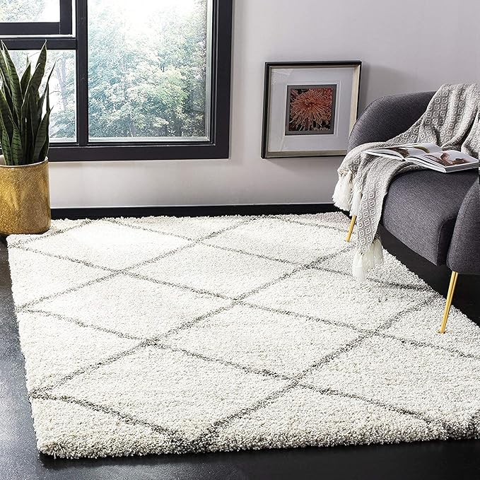 Ivory & Grey Handcrafted Microfiber Super Soft Diamond Trellis High Density Shaggy Carpet