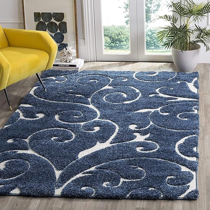 Blue Floral Microfiber Handcrafted Hi-Lo Super Soft Shaggy Carpet