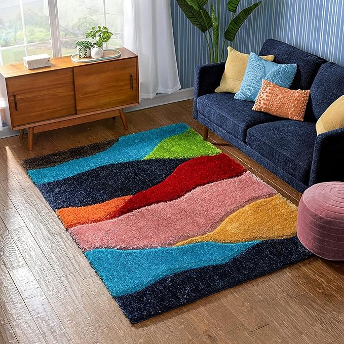 Multicolour Geometric Microfiber Plush Shaggy Carpet