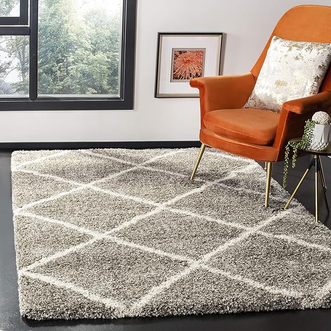 Grey & Ivory Handcrafted Microfiber Super Soft Diamond Trellis High Density Shaggy Carpet