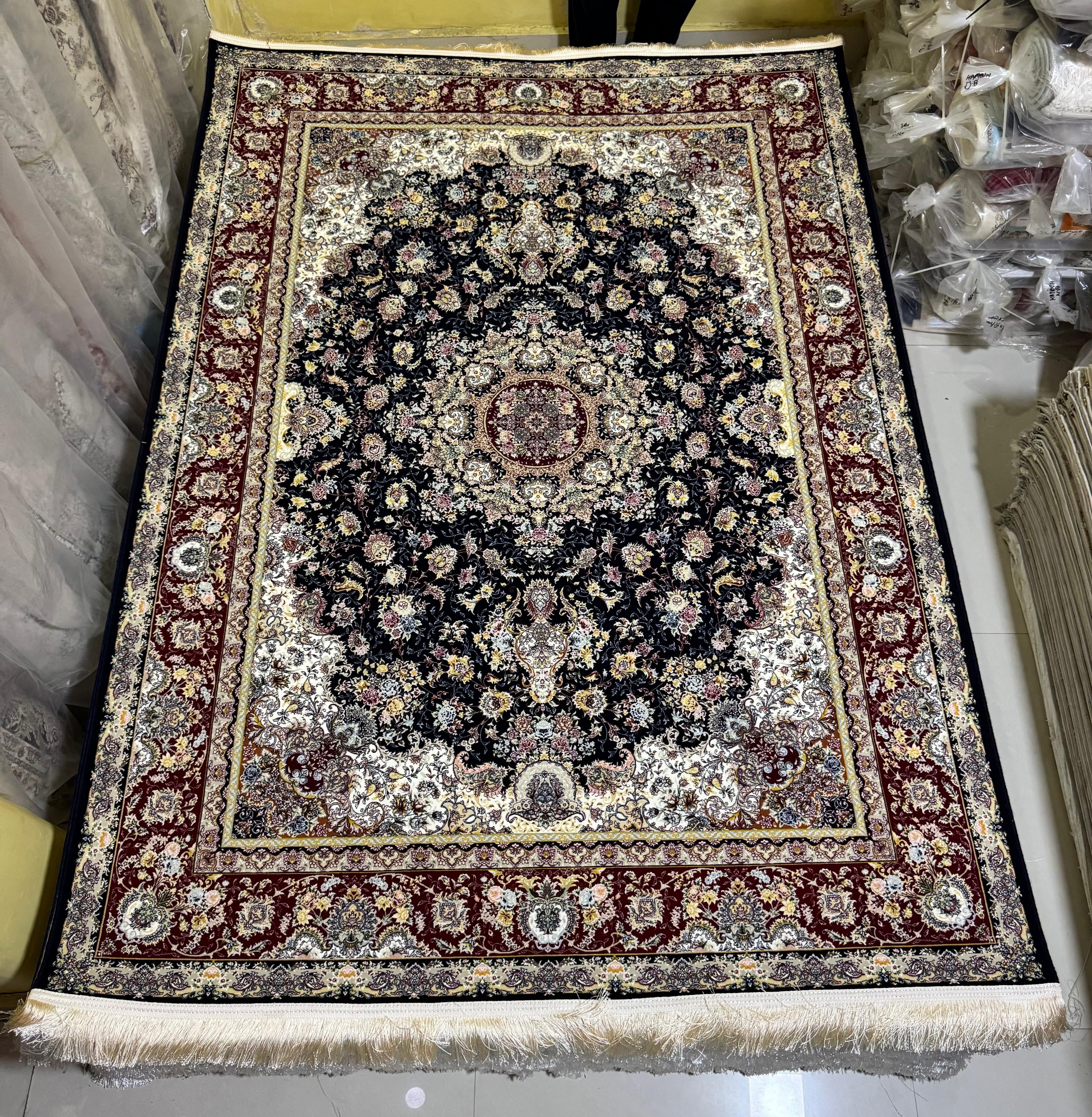 Abeer Black & Maroon Iranian Imported Silk Blend Rug 1500 Reeds